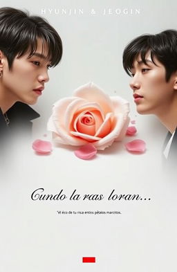 A captivating book cover featuring Hyunjin and Jeongin from Stray Kids, positioned on opposite corners of the image, looking charming and stylish