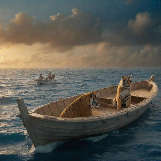 A scene from 'Life of Pi' showing Pi Patel and a Bengal tiger named Richard Parker adrift in the Pacific on a lifeboat. The vast ocean surrounds and beneath a sky full of stars, reflecting the struggle and beauty of survival.