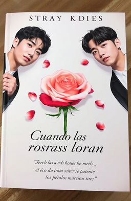 A captivating book cover featuring Hyunjin and Jeongin from Stray Kids, positioned on opposite corners of the image, looking charming and stylish