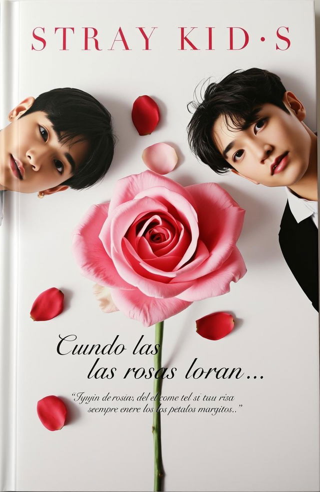 A captivating book cover featuring Hyunjin and Jeongin from Stray Kids, positioned on opposite corners of the image, looking charming and stylish