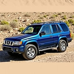 A blue 2001 Nissan Pathfinder R50, parked on a rugged terrain, showcasing slightly larger all-terrain tires mounted on 17-inch rims