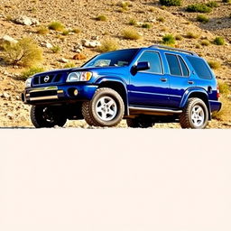 A blue 2001 Nissan Pathfinder R50, parked on a rugged terrain, showcasing slightly larger all-terrain tires mounted on 17-inch rims