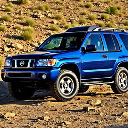 A blue 2001 Nissan Pathfinder R50, parked on a rugged terrain, showcasing slightly larger all-terrain tires mounted on 17-inch rims