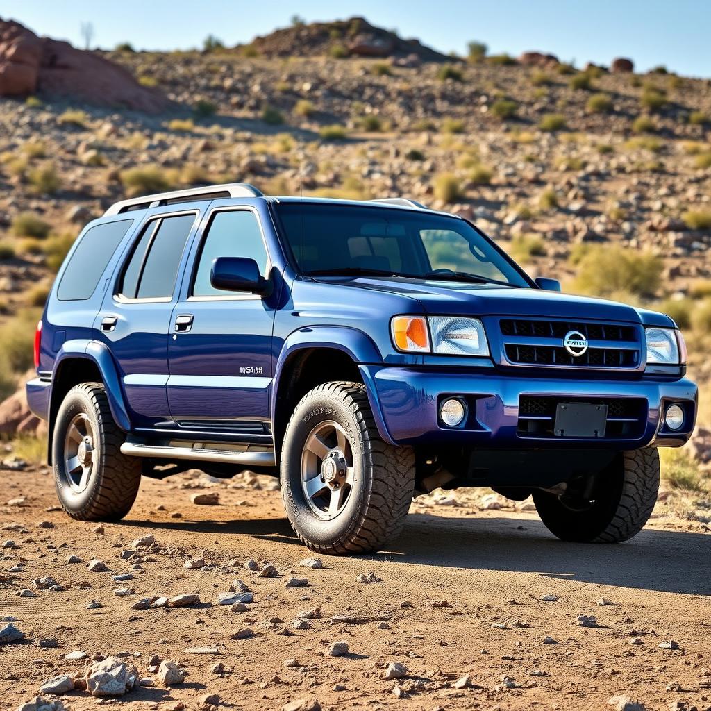 A blue 2001 Nissan Pathfinder R50, parked on a rugged terrain, showcasing slightly larger all-terrain tires mounted on 17-inch rims