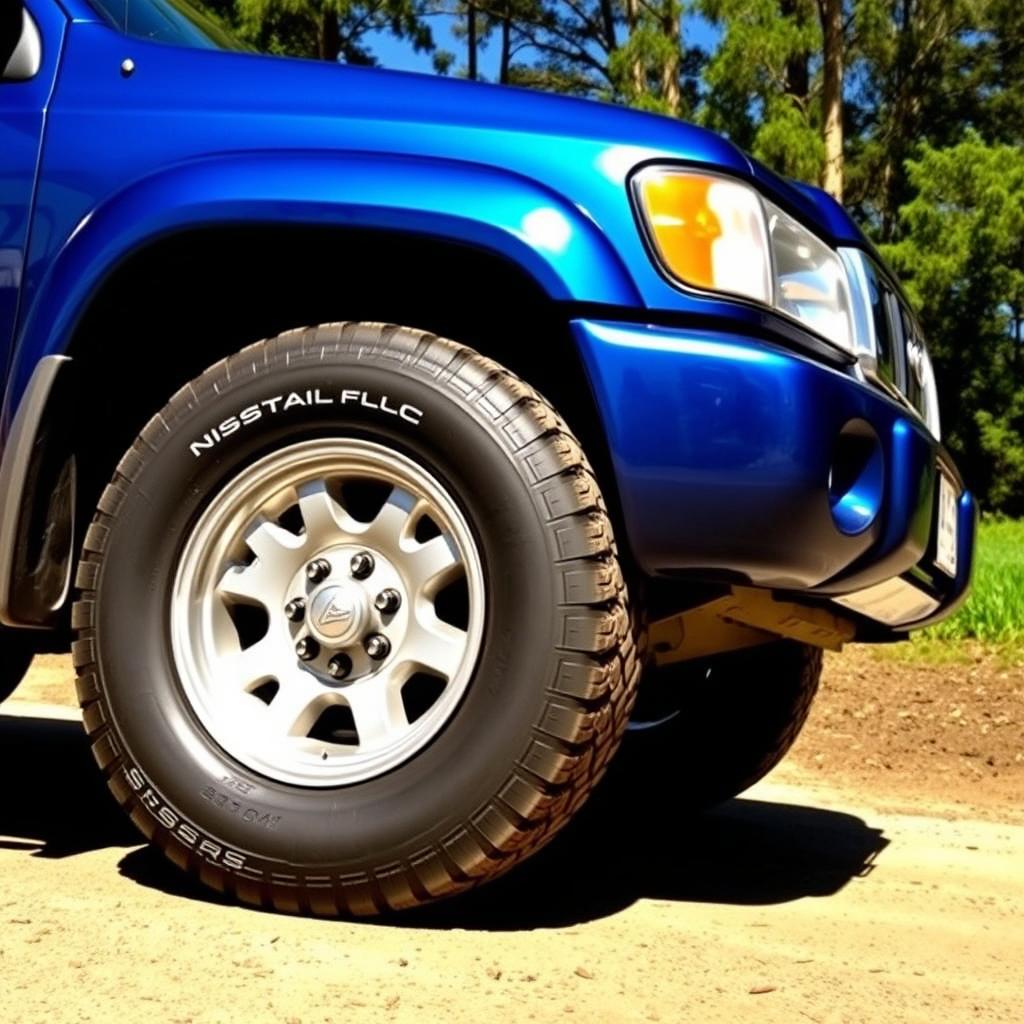 A blue 2001 Nissan Pathfinder, featuring slightly larger all-terrain tires that maintain a close resemblance to the original design of the rims