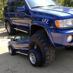 A blue 2001 Nissan Pathfinder, featuring slightly larger all-terrain tires that maintain a close resemblance to the original design of the rims