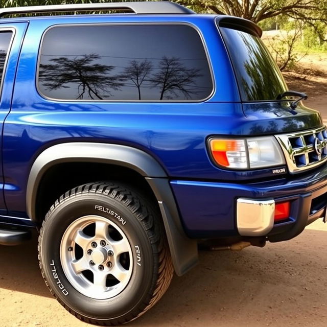 A blue 2001 Nissan Pathfinder, featuring slightly larger all-terrain tires that maintain a close resemblance to the original design of the rims