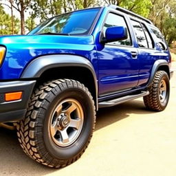 A blue 2001 Nissan Pathfinder, featuring slightly larger all-terrain tires that maintain a close resemblance to the original design of the rims