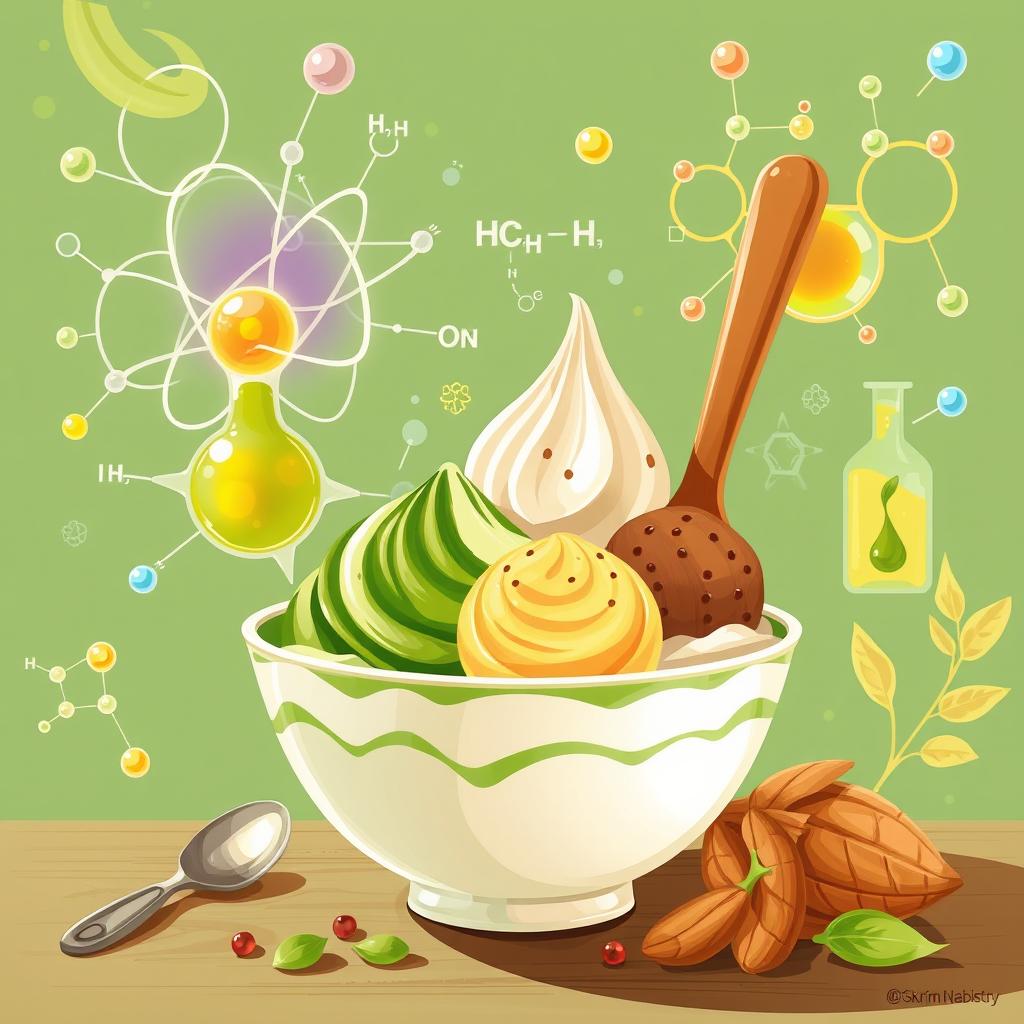 An engaging illustration that creatively depicts Es Krim Nabati, highlighting its vibrant ingredients such as Kacang Arab and Sari Daun Kelor, alongside themes of Physical Chemistry