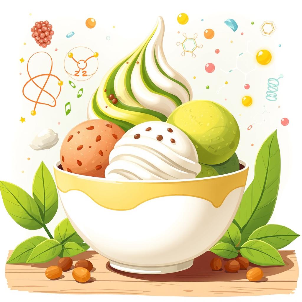 An engaging illustration that creatively depicts Es Krim Nabati, highlighting its vibrant ingredients such as Kacang Arab and Sari Daun Kelor, alongside themes of Physical Chemistry