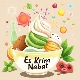 An engaging illustration that creatively depicts Es Krim Nabati, highlighting its vibrant ingredients such as Kacang Arab and Sari Daun Kelor, alongside themes of Physical Chemistry