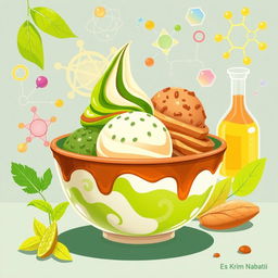 An engaging illustration that creatively depicts Es Krim Nabati, highlighting its vibrant ingredients such as Kacang Arab and Sari Daun Kelor, alongside themes of Physical Chemistry