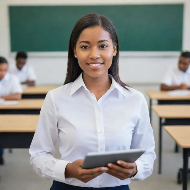 A youthful teacher in her 20s, dressed in smart uniform with shoes visible, holding a tablet and pen. She is in a modern classroom equipped with computers and projectors.