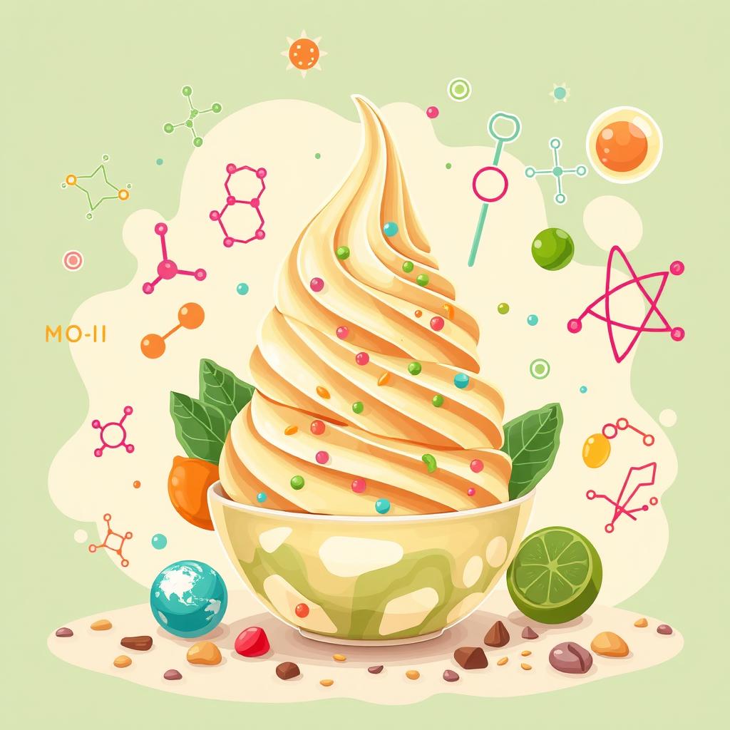 An imaginative illustration that creatively showcases the intersection of Physical Chemistry studies and the delicious elements of Es Krim Nabati, highlighting Kacang Arab and Sari Daun Kelor