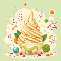 An imaginative illustration that creatively showcases the intersection of Physical Chemistry studies and the delicious elements of Es Krim Nabati, highlighting Kacang Arab and Sari Daun Kelor