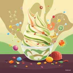 An imaginative illustration that creatively showcases the intersection of Physical Chemistry studies and the delicious elements of Es Krim Nabati, highlighting Kacang Arab and Sari Daun Kelor