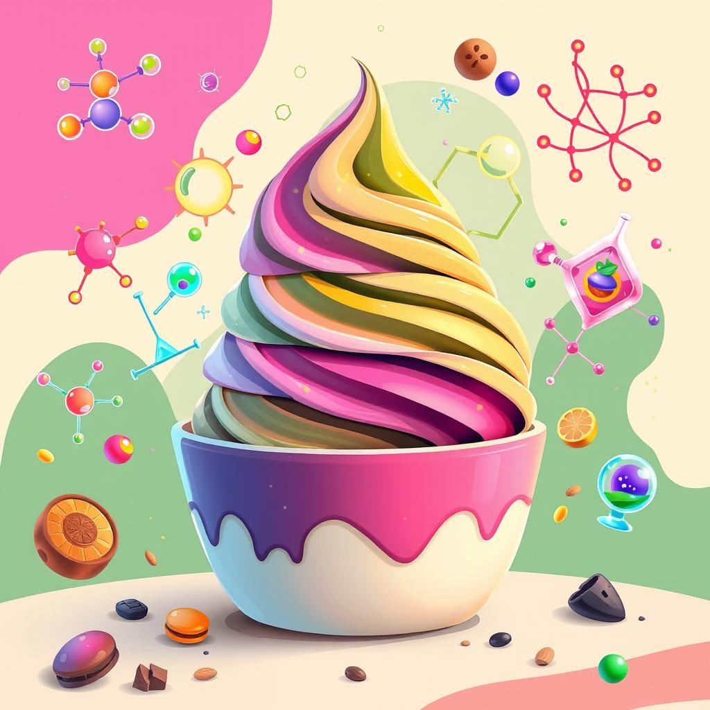 An imaginative illustration that creatively showcases the intersection of Physical Chemistry studies and the delicious elements of Es Krim Nabati, highlighting Kacang Arab and Sari Daun Kelor