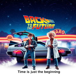 A vibrant and retro-style movie poster for a remake of "Back to the Future