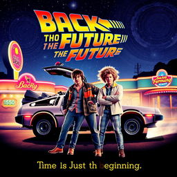 A vibrant and retro-style movie poster for a remake of "Back to the Future