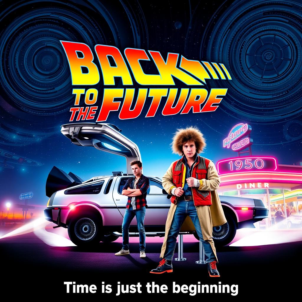 A vibrant and retro-style movie poster for a remake of "Back to the Future