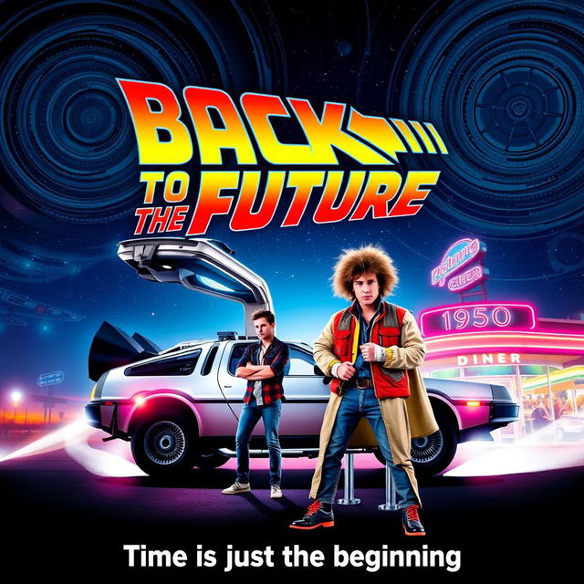 A vibrant and retro-style movie poster for a remake of "Back to the Future