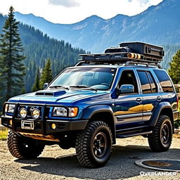 A blue 2001 Nissan Pathfinder, designed with an OEM look, featuring all-terrain tires that complement its rugged design