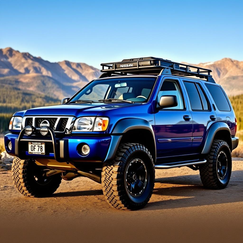 A blue 2001 Nissan Pathfinder, designed with an OEM look, featuring all-terrain tires that complement its rugged design