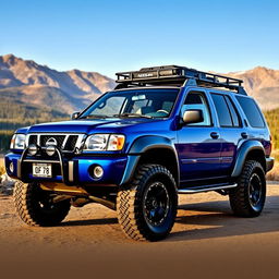 A blue 2001 Nissan Pathfinder, designed with an OEM look, featuring all-terrain tires that complement its rugged design