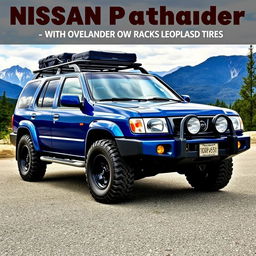 A blue 2001 Nissan Pathfinder, designed with an OEM look, featuring all-terrain tires that complement its rugged design