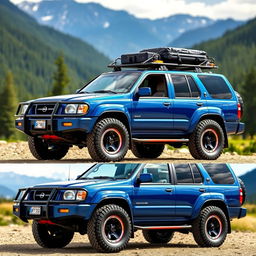 A blue 2001 Nissan Pathfinder, designed with an OEM look, featuring all-terrain tires that complement its rugged design