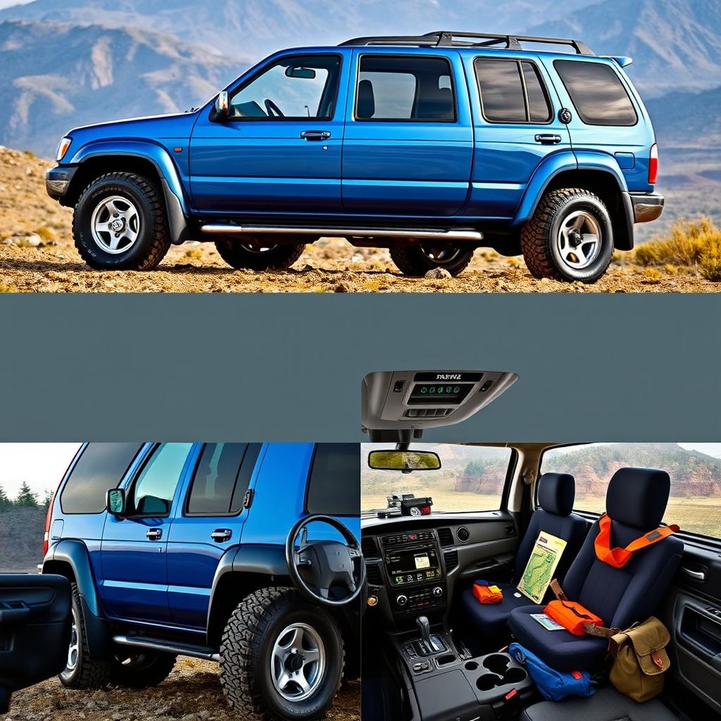 A Nissan Pathfinder 2001 model in a striking blue color, showcasing its OEM features and all-terrain tires