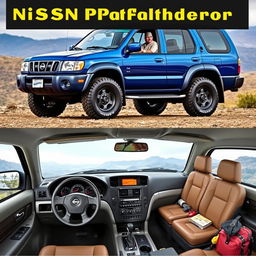 A Nissan Pathfinder 2001 model in a striking blue color, showcasing its OEM features and all-terrain tires