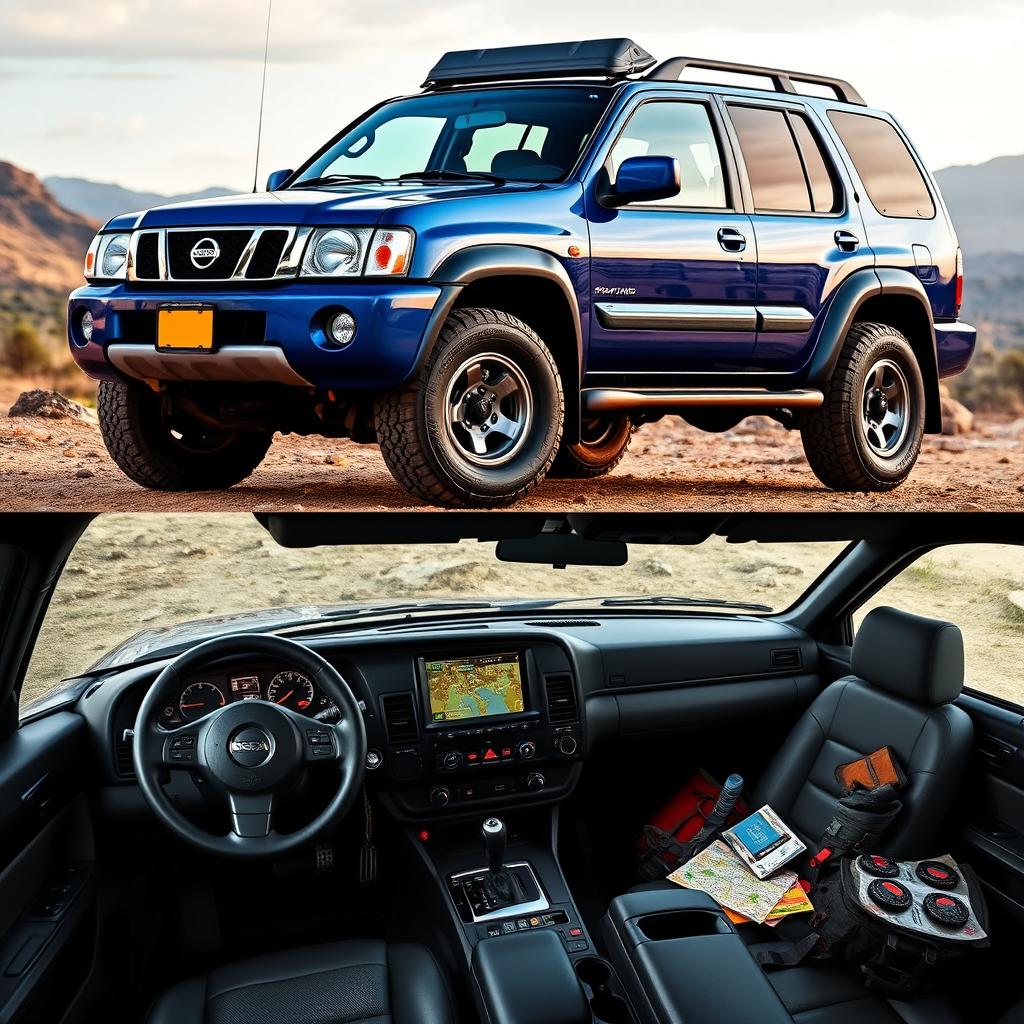 A Nissan Pathfinder 2001 model in a striking blue color, showcasing its OEM features and all-terrain tires