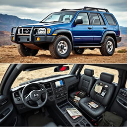 A Nissan Pathfinder 2001 model in a striking blue color, showcasing its OEM features and all-terrain tires