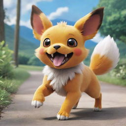 A lively image of a dog-like Pokemon, engaged in playful activities, showcasing its unique traits and abilities