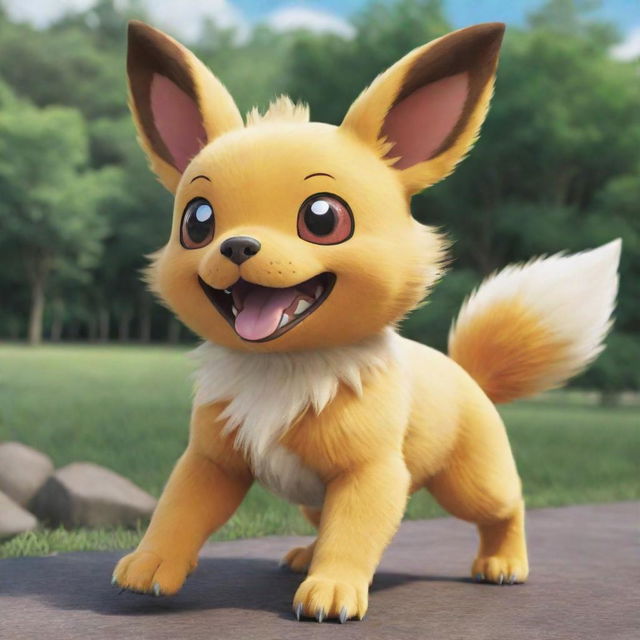 A lively image of a dog-like Pokemon, engaged in playful activities, showcasing its unique traits and abilities