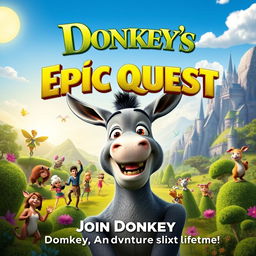 A vibrant and colorful movie poster for 'Donkey's Epic Quest', a playful spin-off from the Shrek series