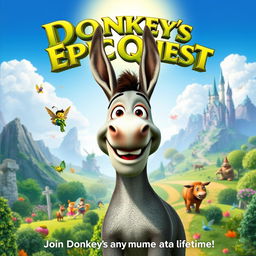 A vibrant and colorful movie poster for 'Donkey's Epic Quest', a playful spin-off from the Shrek series