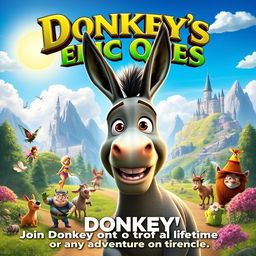 A vibrant and colorful movie poster for 'Donkey's Epic Quest', a playful spin-off from the Shrek series