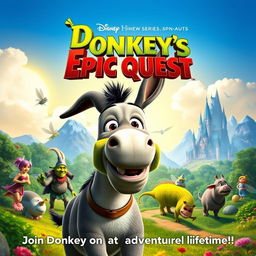 A vibrant and colorful movie poster for 'Donkey's Epic Quest', a playful spin-off from the Shrek series