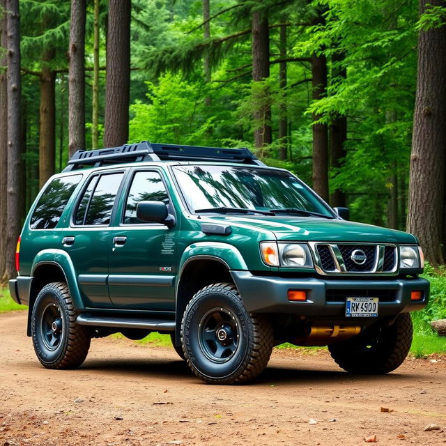 A R50 Nissan Pathfinder model 2001 in a rich forest green color, showcasing its OEM features in pristine condition