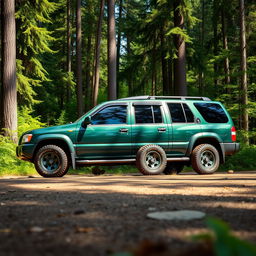 A R50 Nissan Pathfinder model 2001 in a rich forest green color, showcasing its OEM features in pristine condition