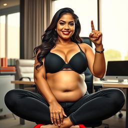 A realistic image of a beautiful, mature, busty chubby Indian woman aged 40, with fair skin and distinct Indian facial features