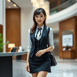 A realistic portrait of a young Japanese woman dressed in a stylish vest and a fashionable skirt, exuding a dedicated to serving theme