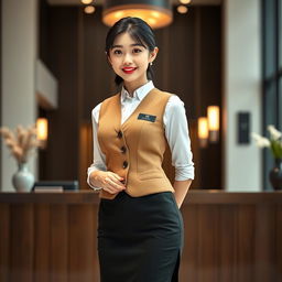 A realistic portrait of a young Japanese woman dressed in a stylish vest and a fashionable skirt, exuding a dedicated to serving theme