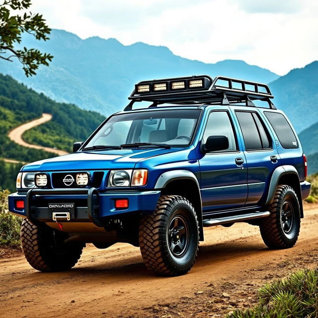 A 2001 Nissan Pathfinder R50 in a striking blue color, showcasing an OEM (Original Equipment Manufacturer) aesthetic with all-terrain tires