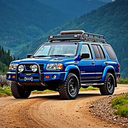 A 2001 Nissan Pathfinder R50 in a striking blue color, showcasing an OEM (Original Equipment Manufacturer) aesthetic with all-terrain tires