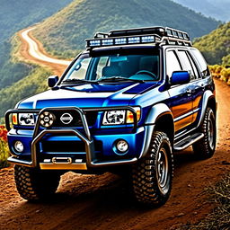 A 2001 Nissan Pathfinder R50 in a striking blue color, showcasing an OEM (Original Equipment Manufacturer) aesthetic with all-terrain tires