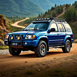 A 2001 Nissan Pathfinder R50 in a striking blue color, showcasing an OEM (Original Equipment Manufacturer) aesthetic with all-terrain tires