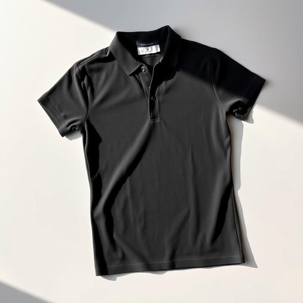 A stylish black polo shirt displayed on a flat surface